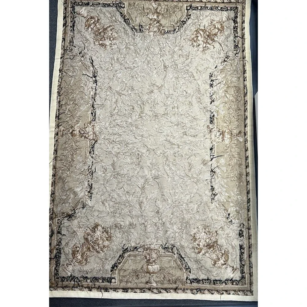 Vintage Needlepoint Tapestry Rug In The Style Of French Aubusson Nuetral 72x46”